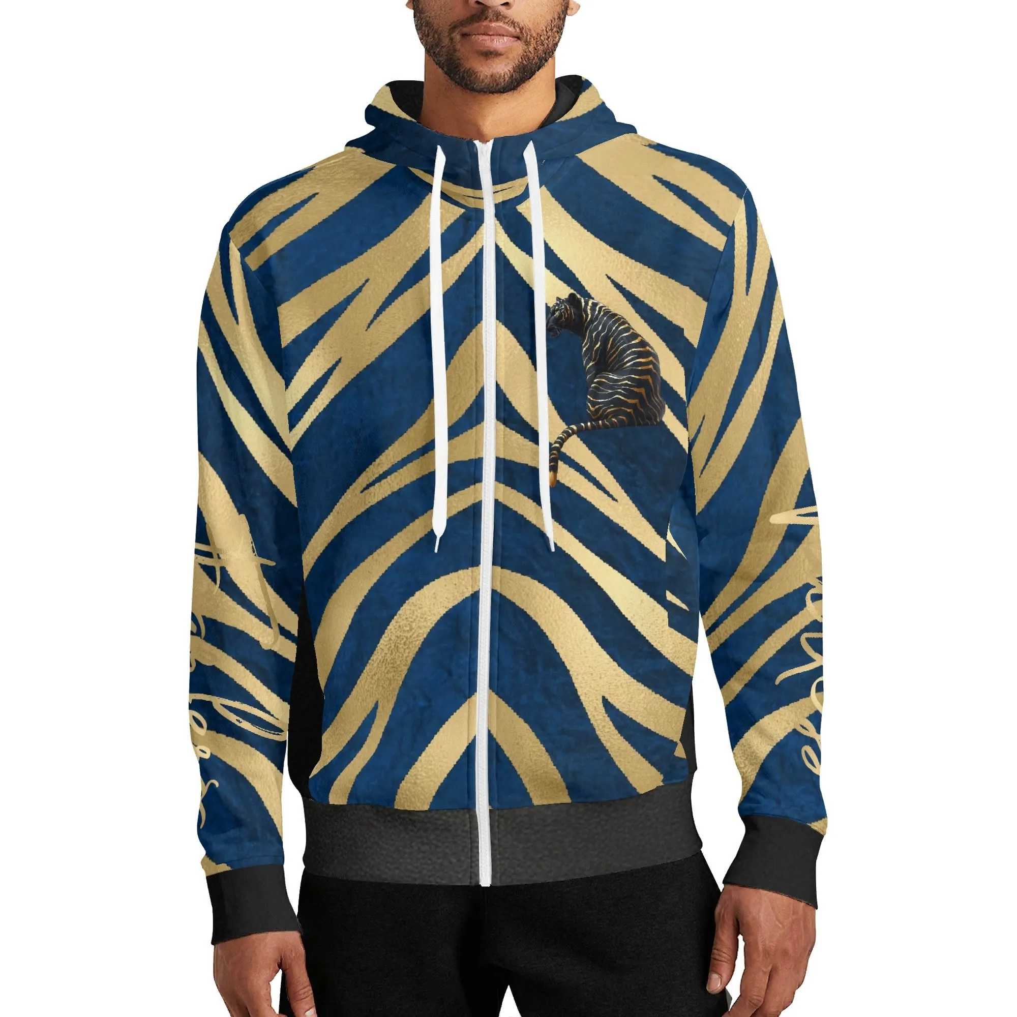 Black and Gold Tiger Graphic Gemstone Colored Fearless Graphic Full Zip Turtleneck Hoodie Streetwear
