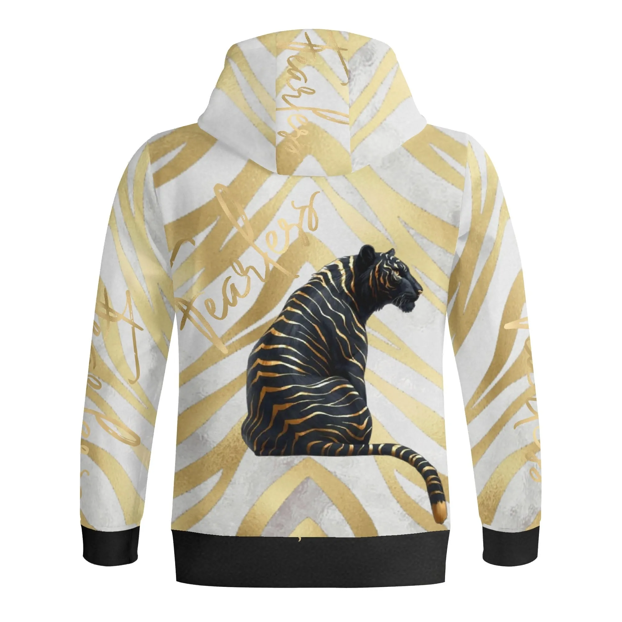 Black and Gold Tiger Graphic Gemstone Colored Fearless Graphic Full Zip Turtleneck Hoodie Streetwear