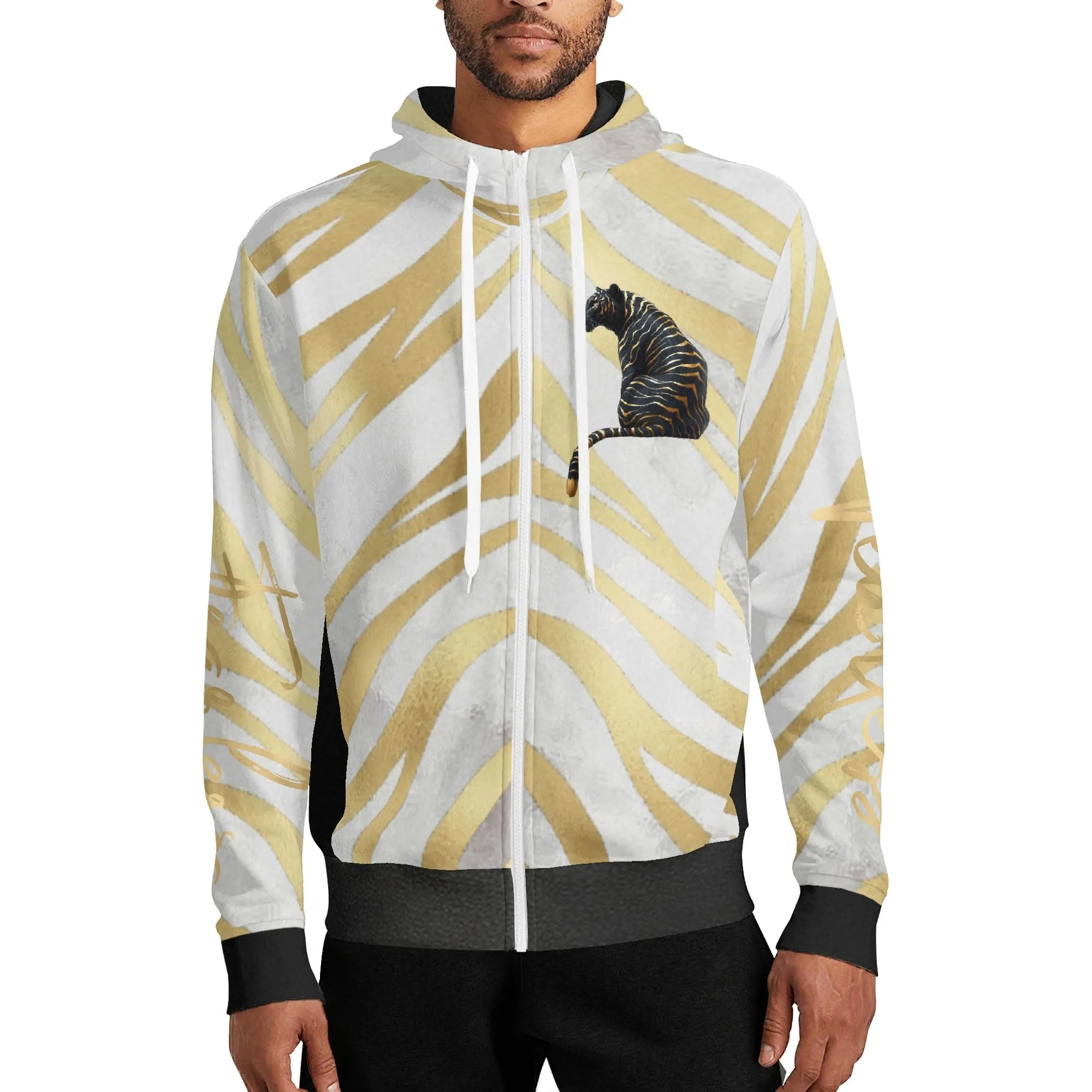 Black and Gold Tiger Graphic Gemstone Colored Fearless Graphic Full Zip Turtleneck Hoodie Streetwear