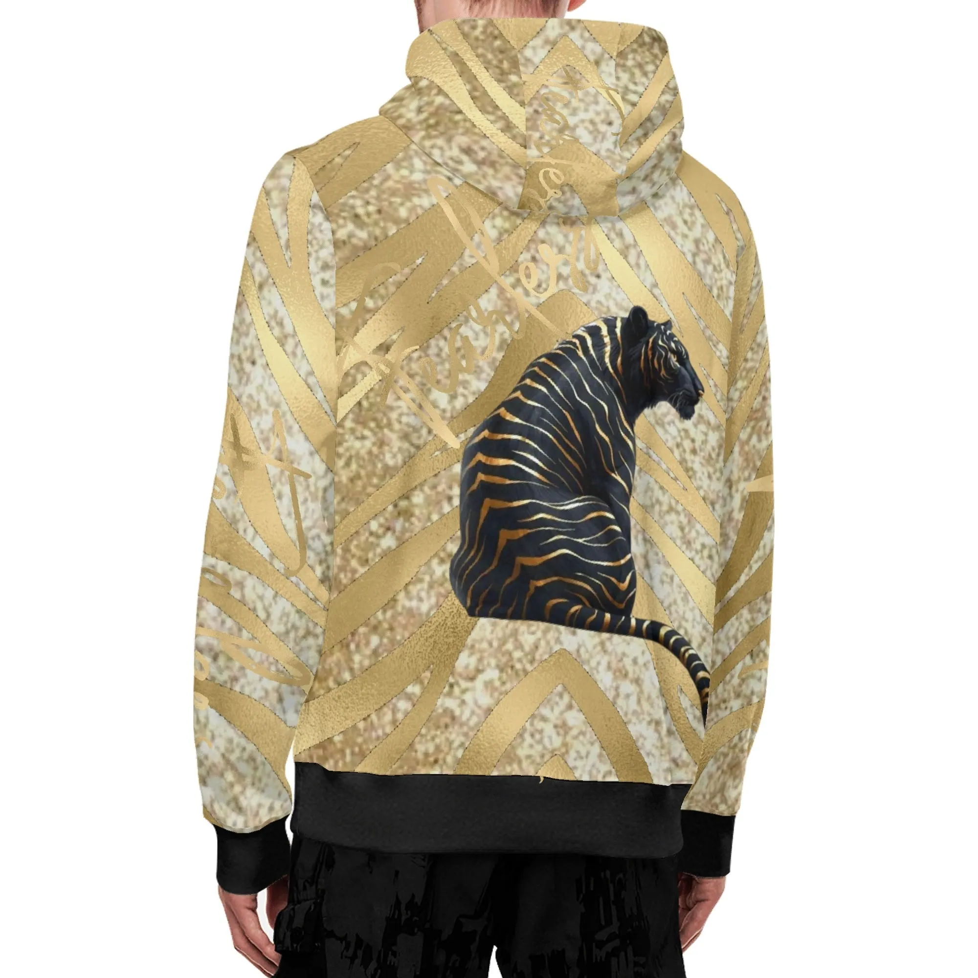 Black and Gold Tiger Graphic Gemstone Colored Fearless Graphic Full Zip Turtleneck Hoodie Streetwear