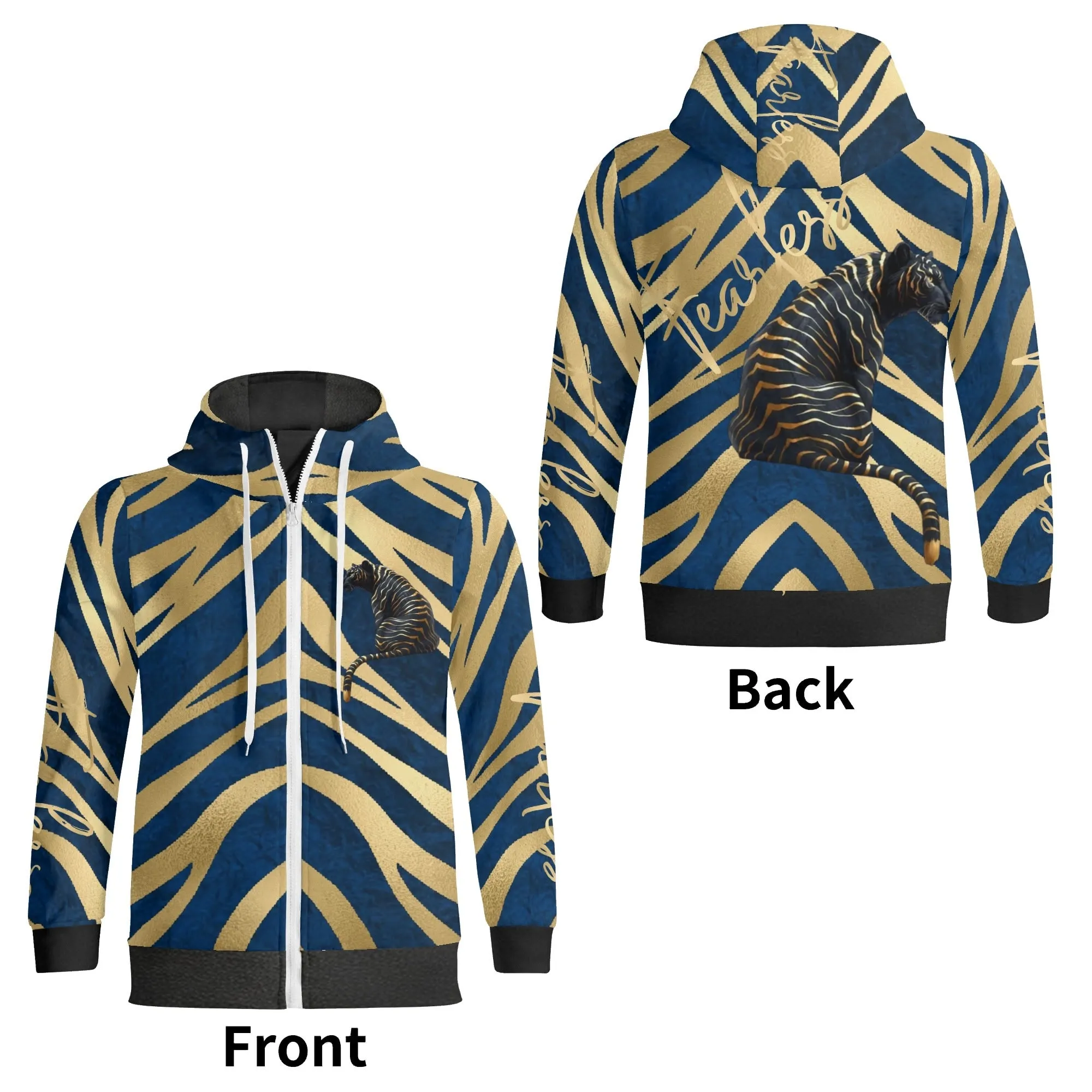 Black and Gold Tiger Graphic Gemstone Colored Fearless Graphic Full Zip Turtleneck Hoodie Streetwear