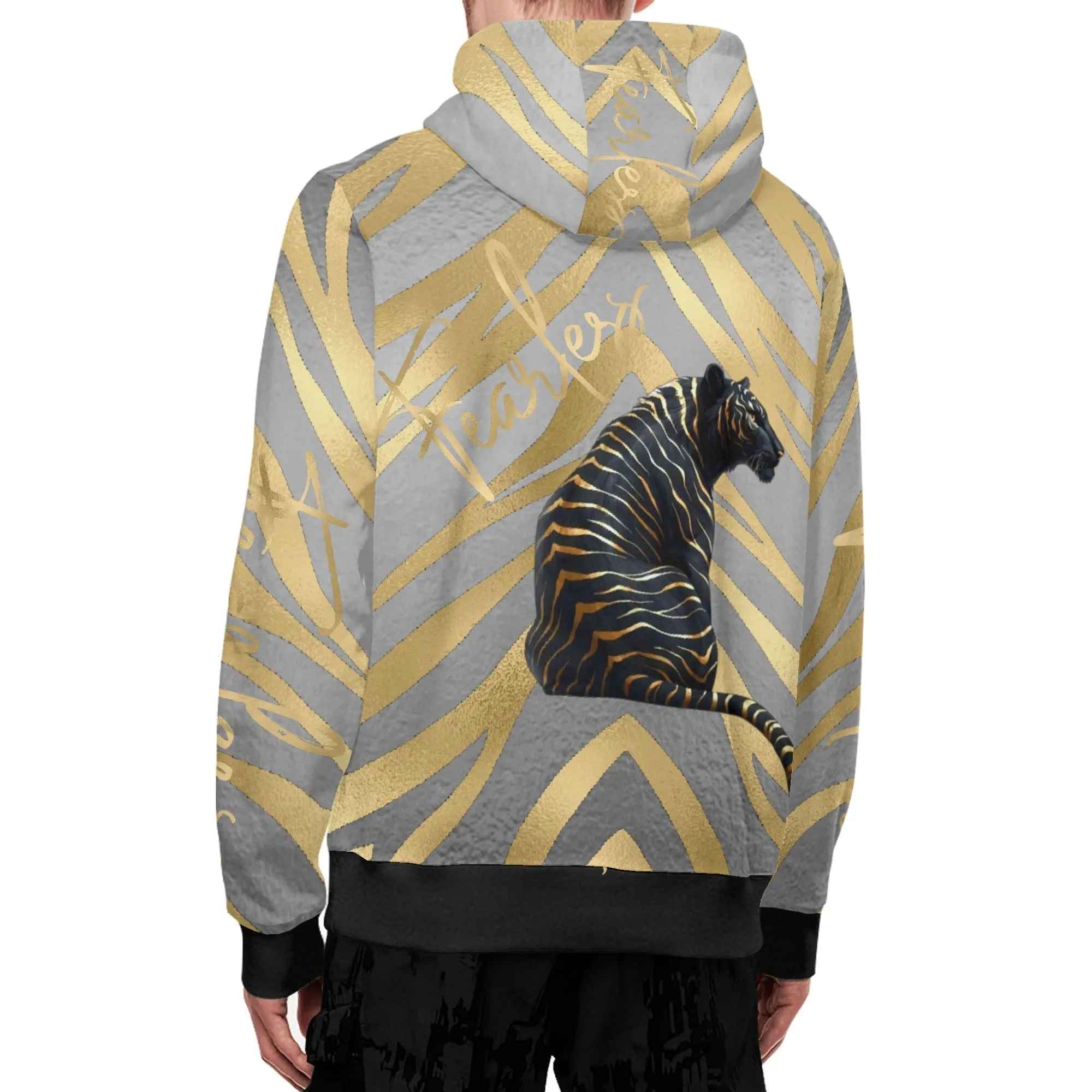 Black and Gold Tiger Graphic Gemstone Colored Fearless Graphic Full Zip Turtleneck Hoodie Streetwear