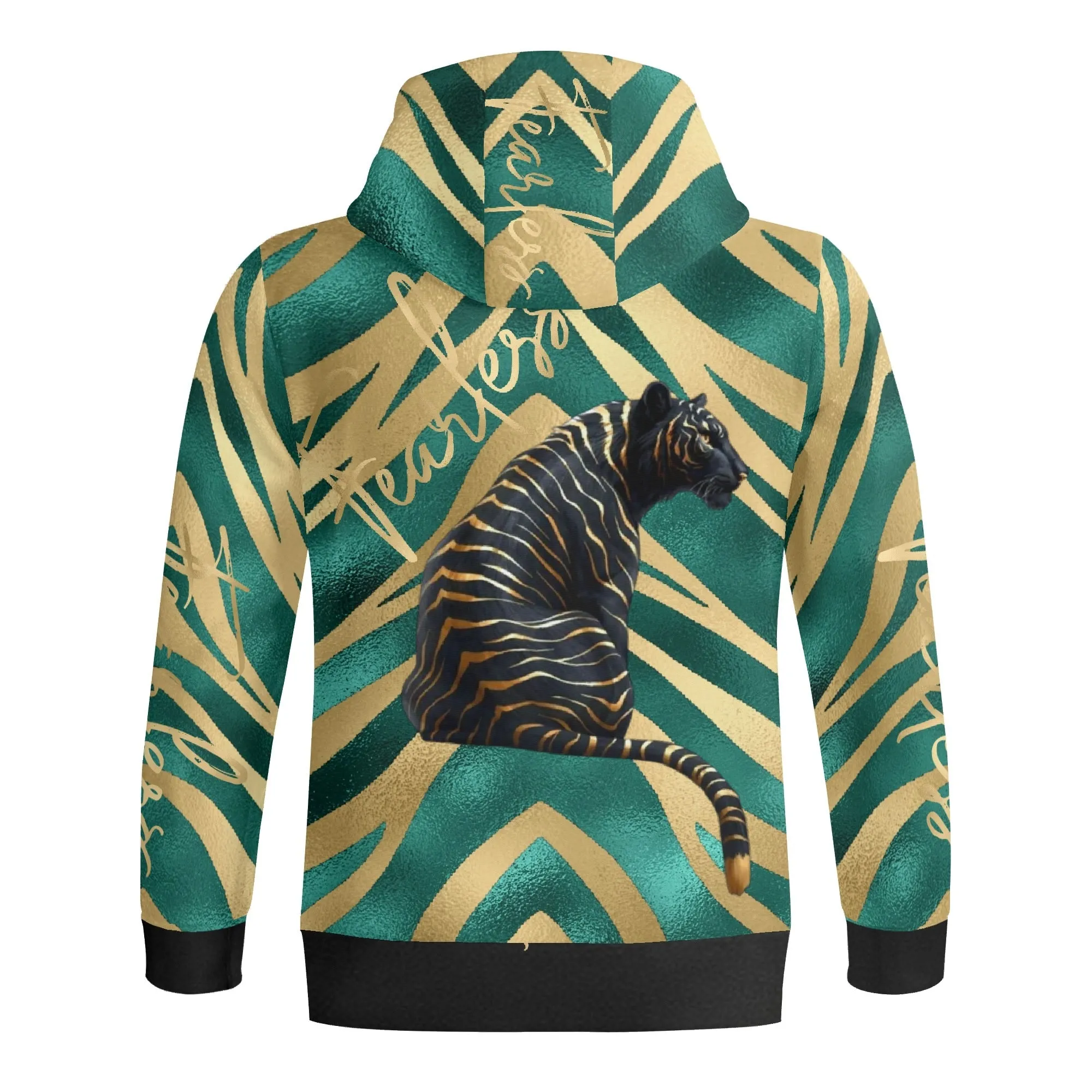 Black and Gold Tiger Graphic Gemstone Colored Fearless Graphic Full Zip Turtleneck Hoodie Streetwear