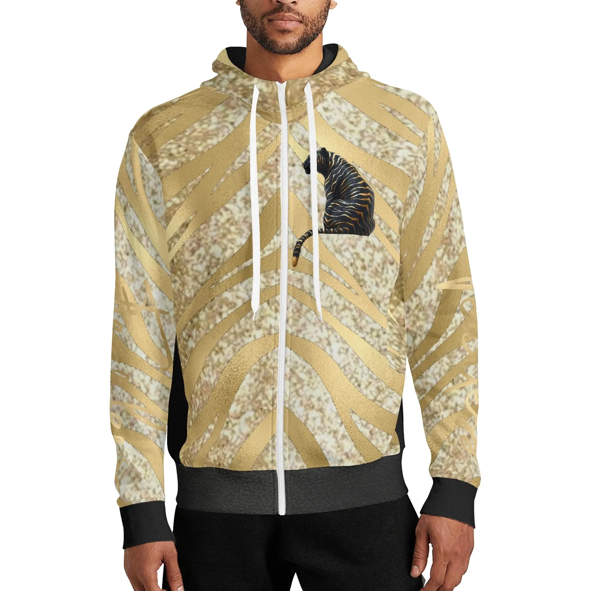 Black and Gold Tiger Graphic Gemstone Colored Fearless Graphic Full Zip Turtleneck Hoodie Streetwear