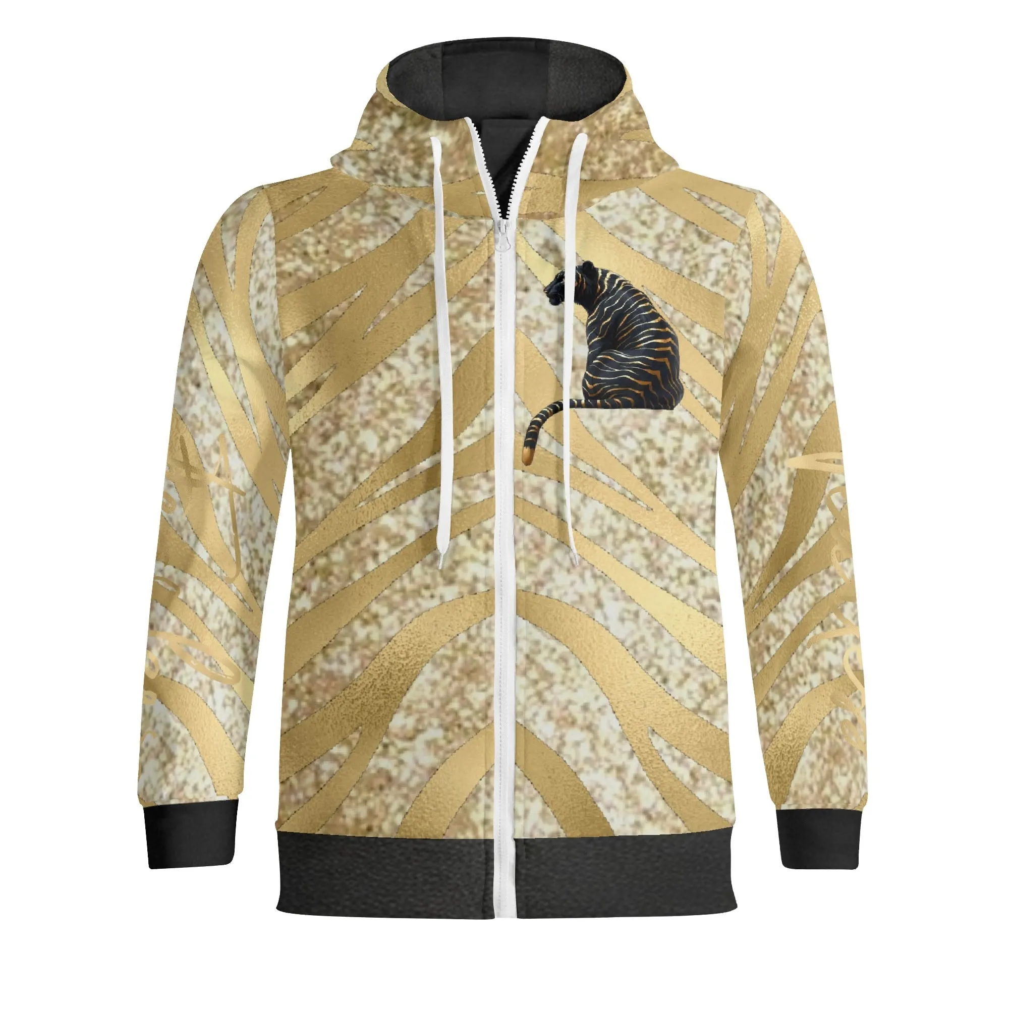 Black and Gold Tiger Graphic Gemstone Colored Fearless Graphic Full Zip Turtleneck Hoodie Streetwear