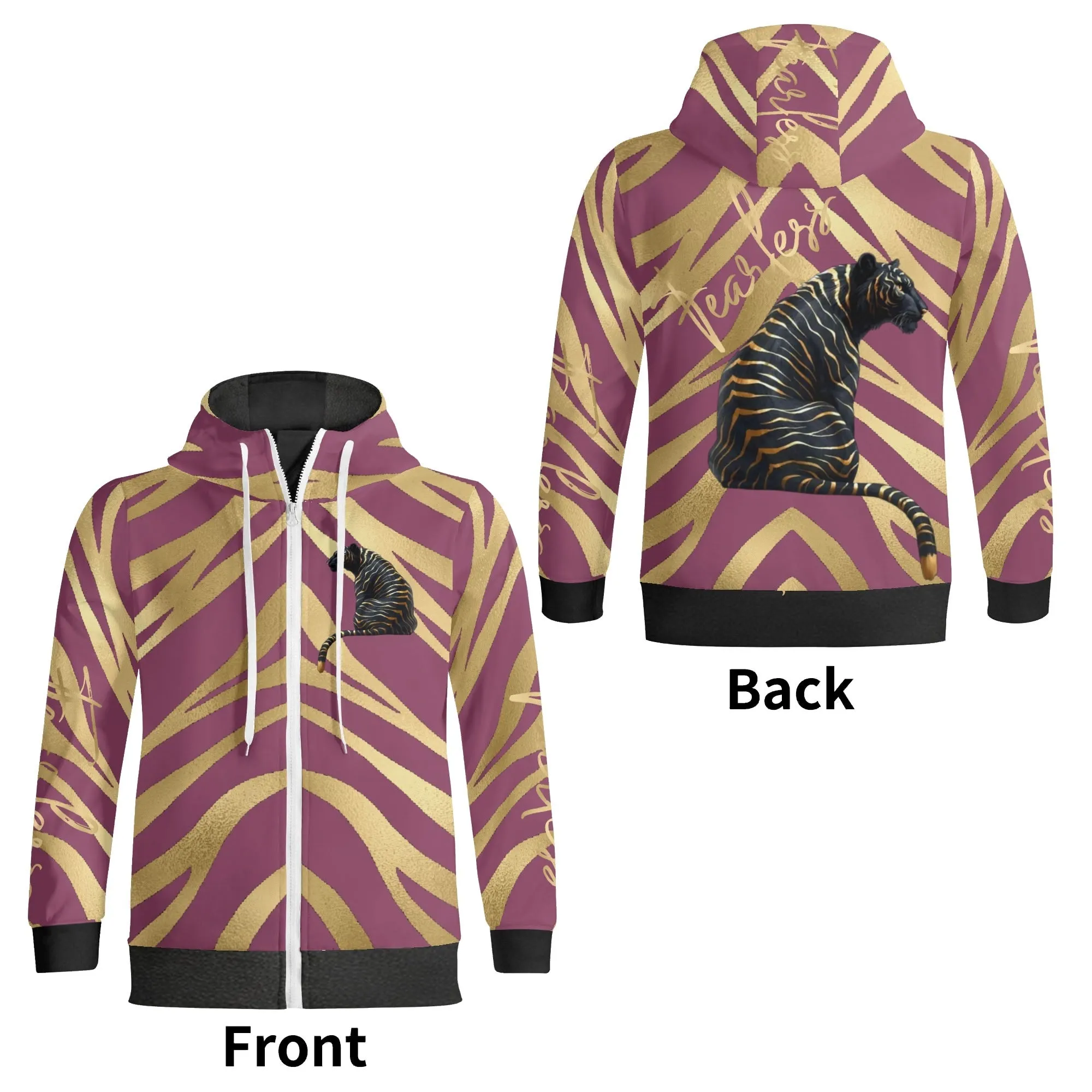 Black and Gold Tiger Graphic Gemstone Colored Fearless Graphic Full Zip Turtleneck Hoodie Streetwear