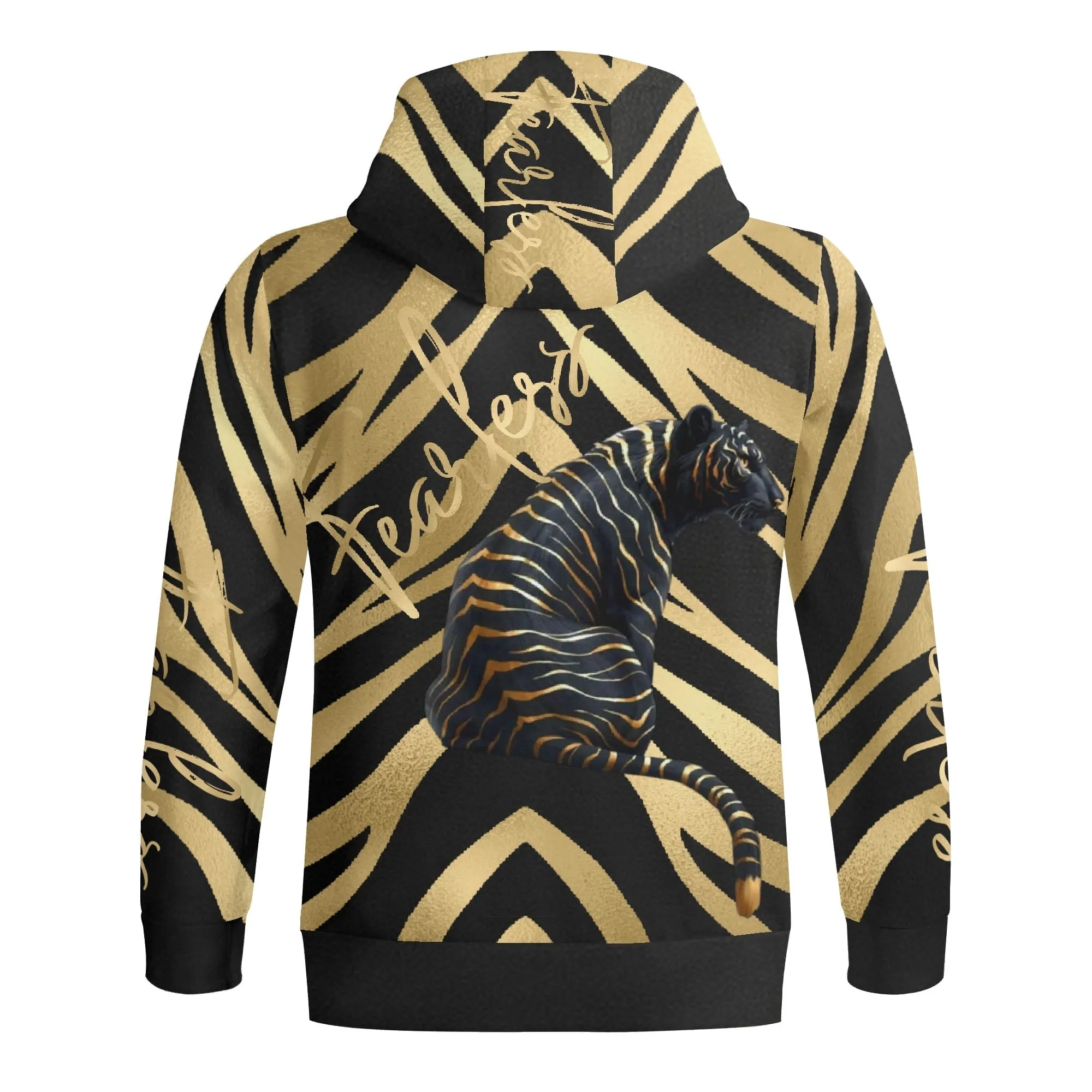 Black and Gold Tiger Graphic Gemstone Colored Fearless Graphic Full Zip Turtleneck Hoodie Streetwear