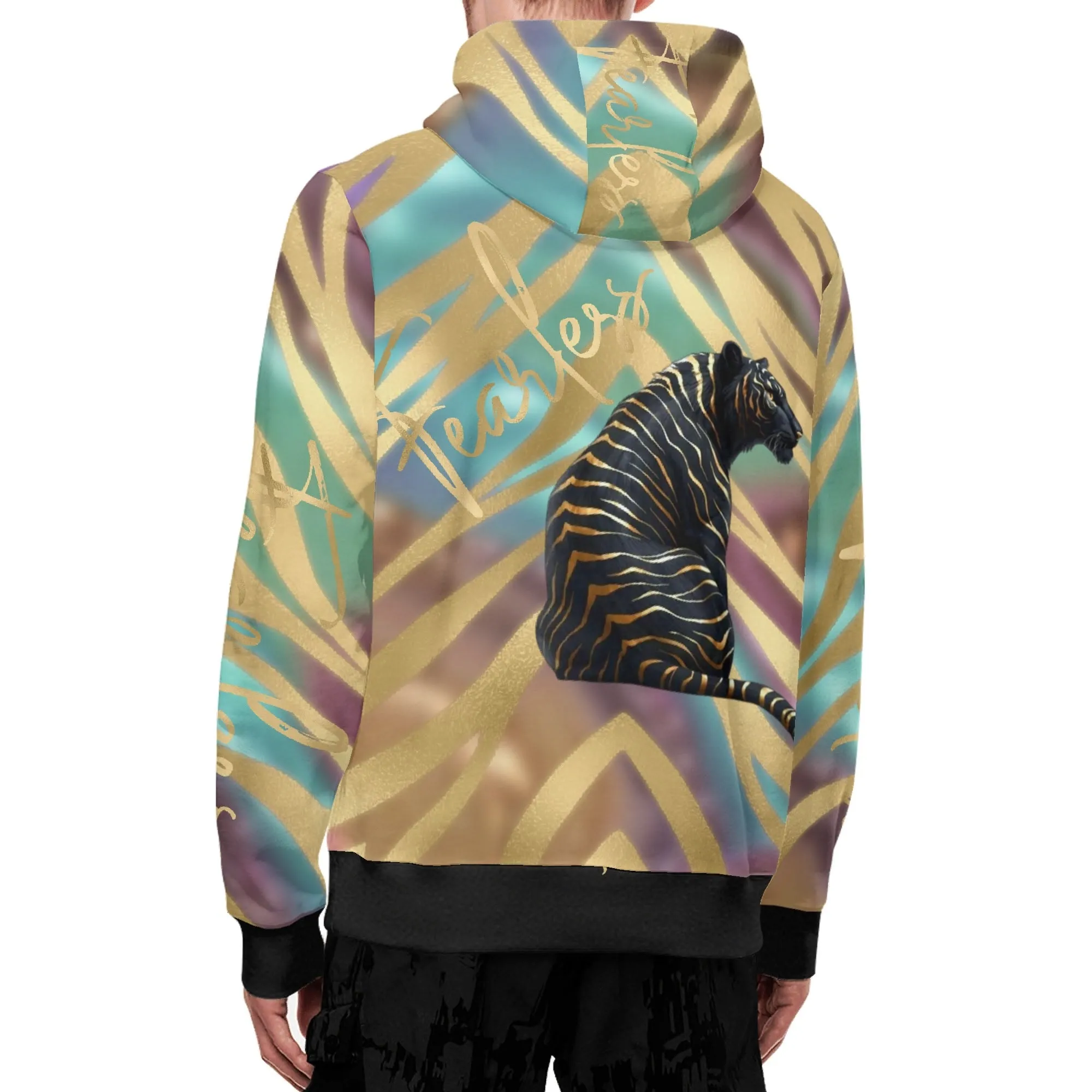 Black and Gold Tiger Graphic Gemstone Colored Fearless Graphic Full Zip Turtleneck Hoodie Streetwear