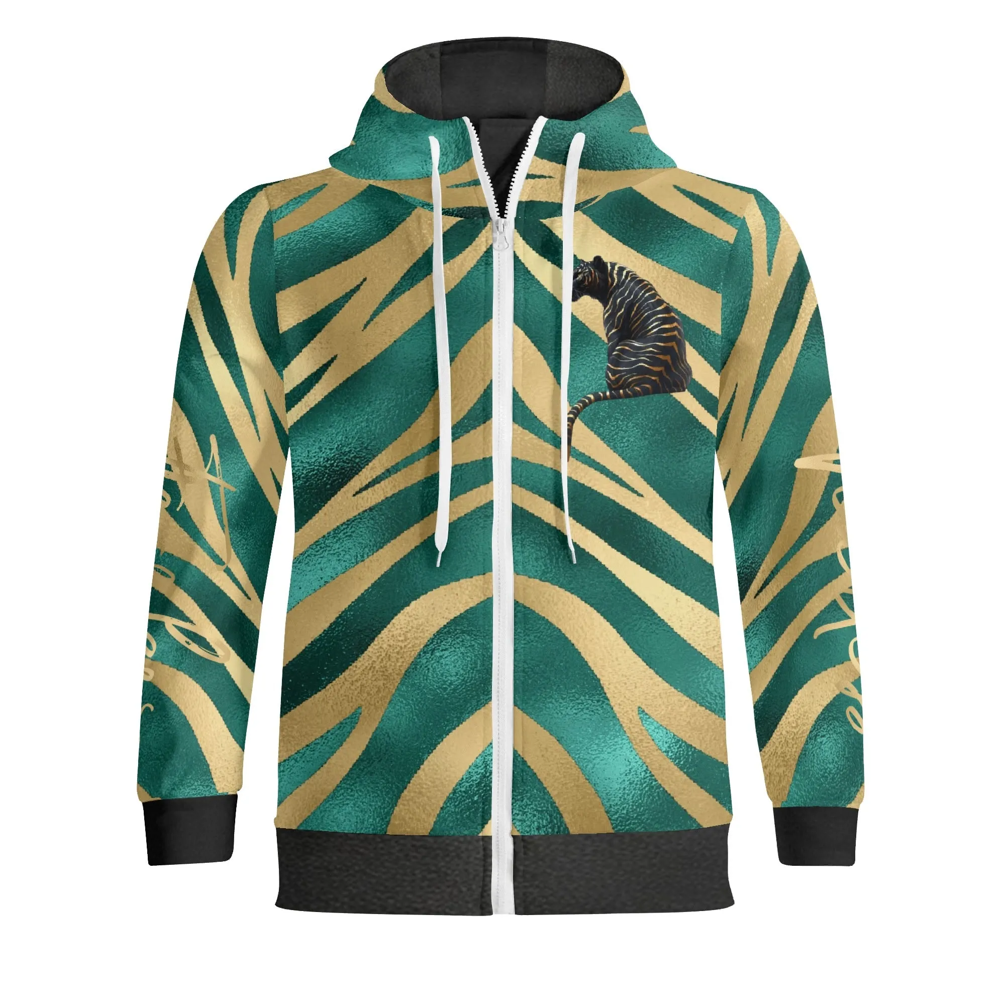 Black and Gold Tiger Graphic Gemstone Colored Fearless Graphic Full Zip Turtleneck Hoodie Streetwear