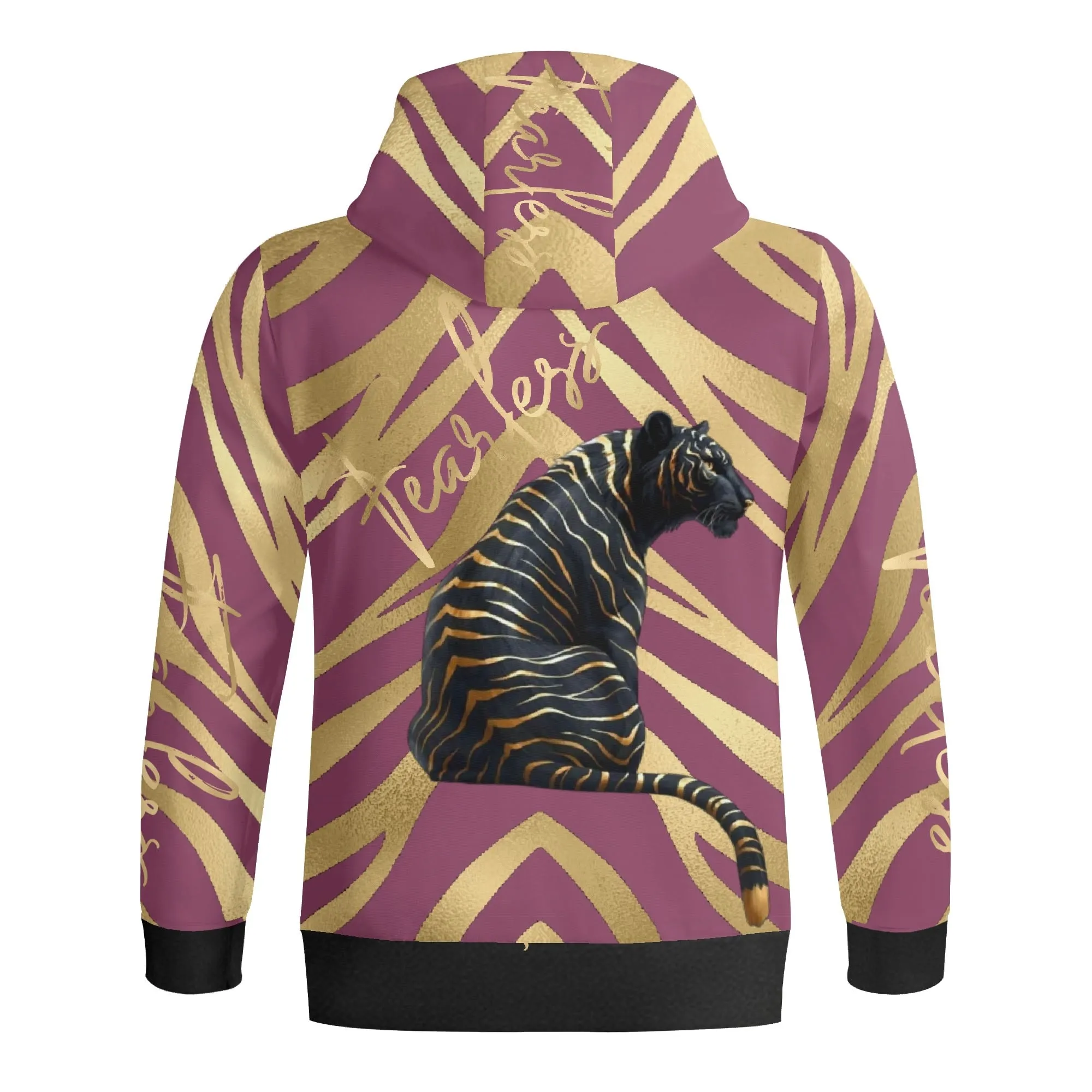 Black and Gold Tiger Graphic Gemstone Colored Fearless Graphic Full Zip Turtleneck Hoodie Streetwear