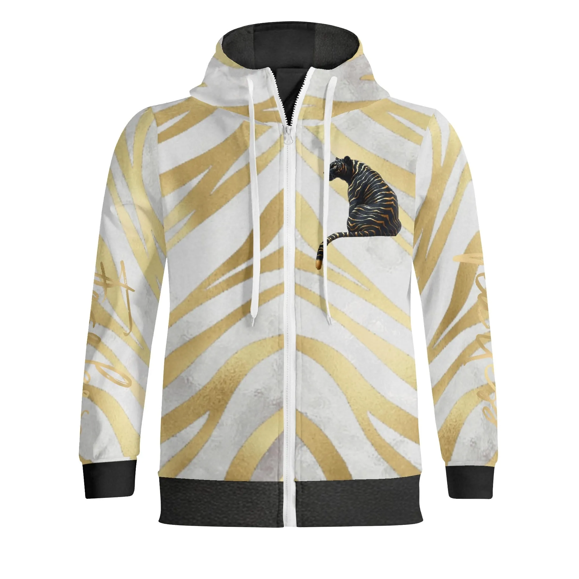 Black and Gold Tiger Graphic Gemstone Colored Fearless Graphic Full Zip Turtleneck Hoodie Streetwear