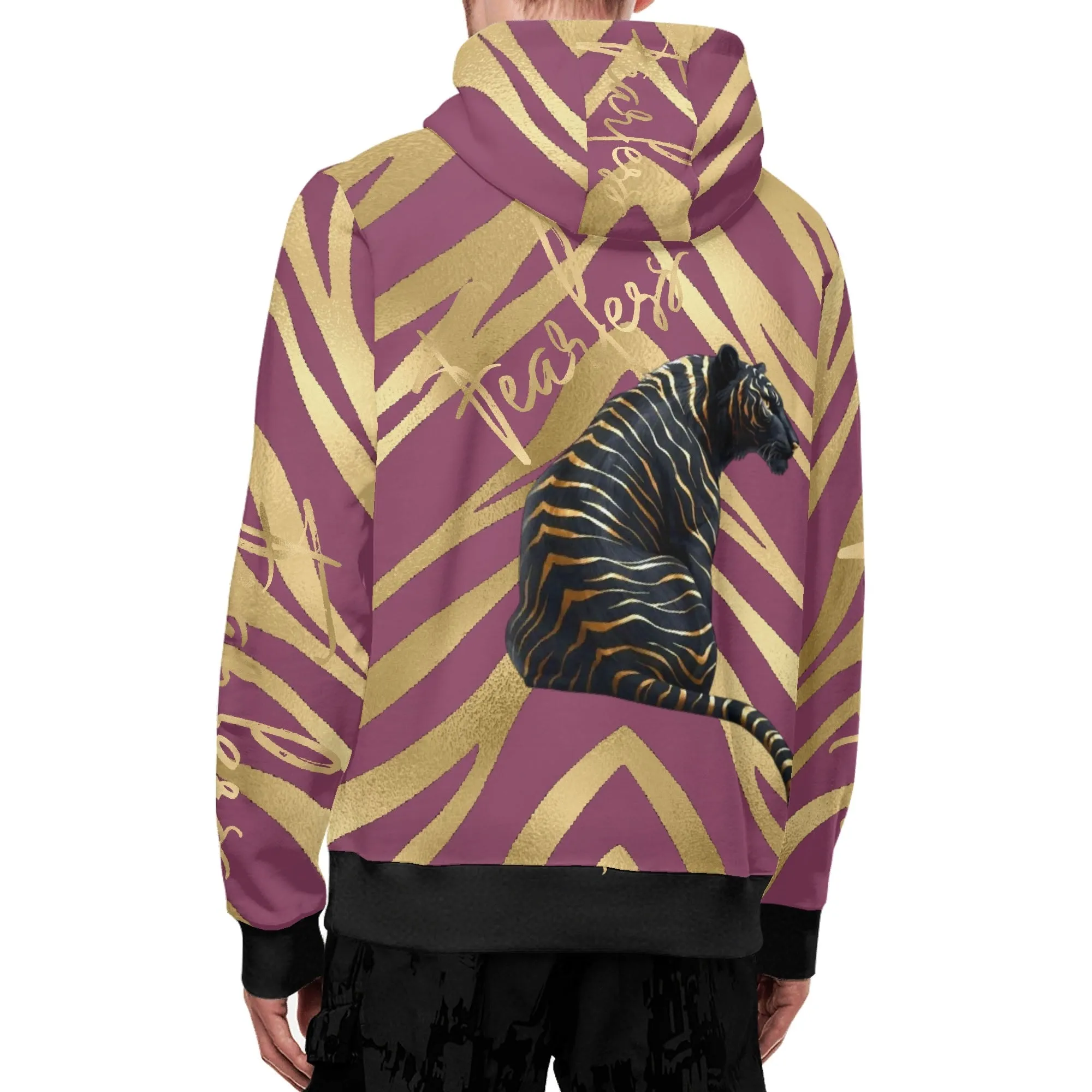 Black and Gold Tiger Graphic Gemstone Colored Fearless Graphic Full Zip Turtleneck Hoodie Streetwear