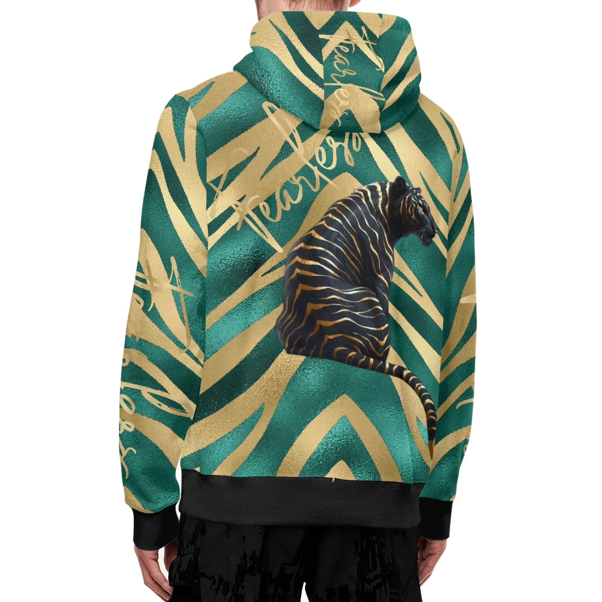 Black and Gold Tiger Graphic Gemstone Colored Fearless Graphic Full Zip Turtleneck Hoodie Streetwear