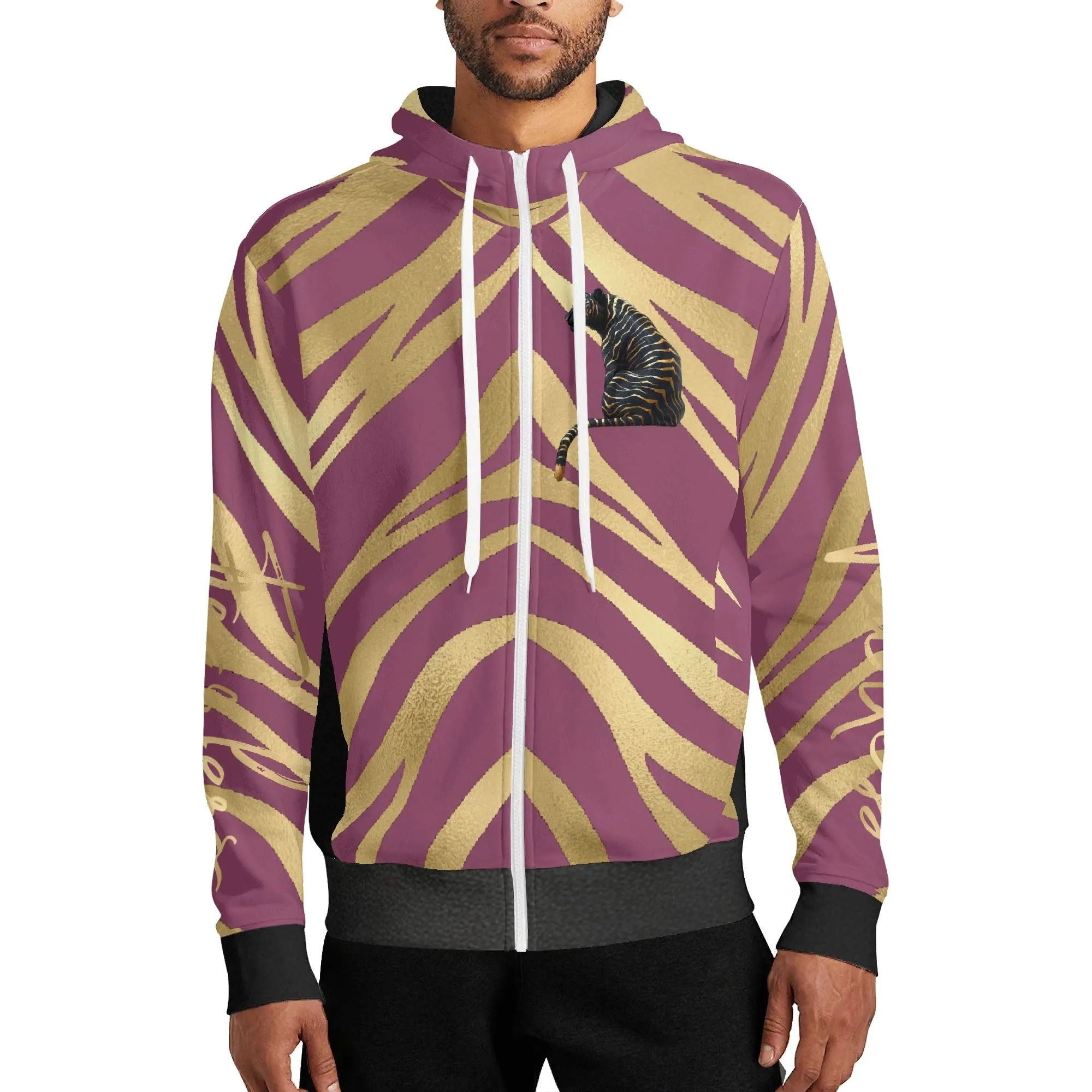 Black and Gold Tiger Graphic Gemstone Colored Fearless Graphic Full Zip Turtleneck Hoodie Streetwear