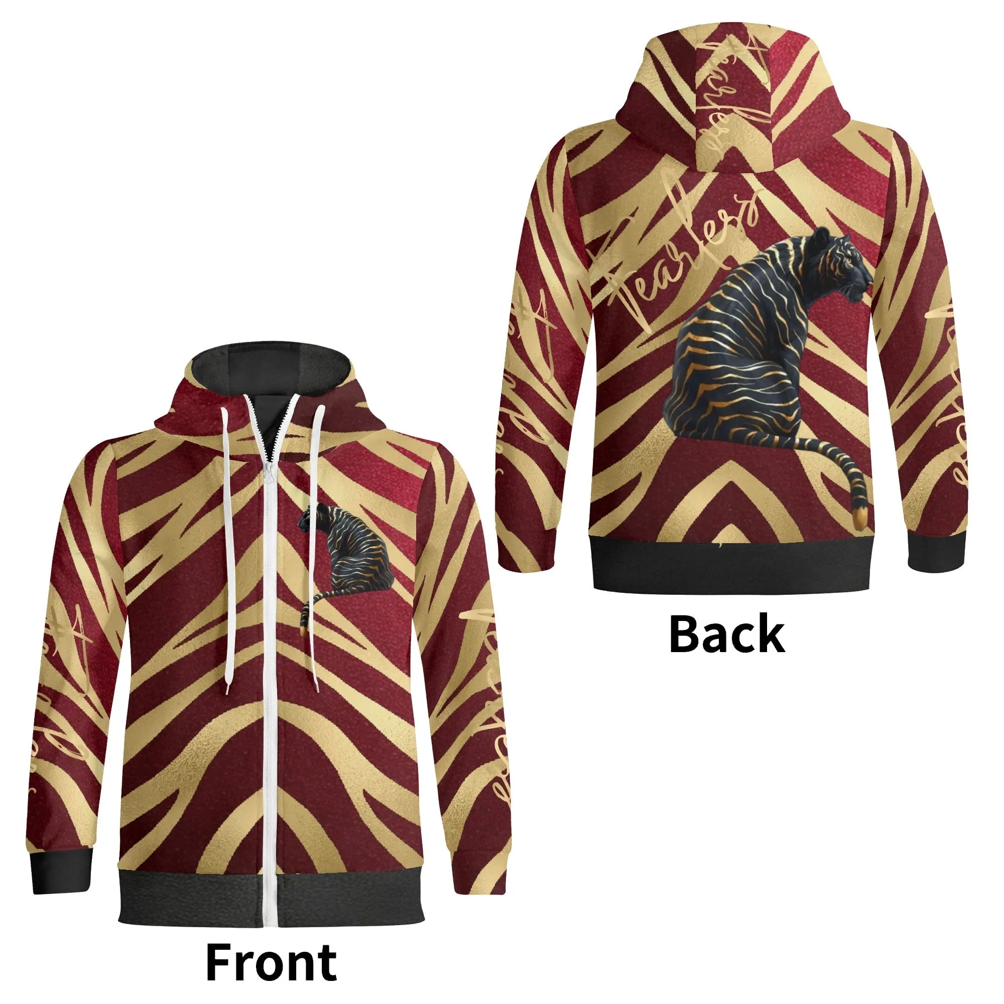 Black and Gold Tiger Graphic Gemstone Colored Fearless Graphic Full Zip Turtleneck Hoodie Streetwear