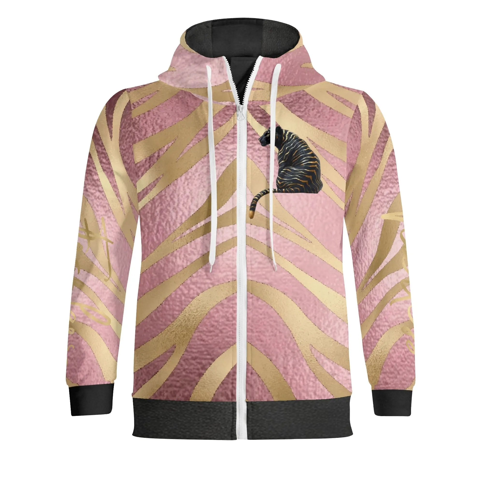 Black and Gold Tiger Graphic Gemstone Colored Fearless Graphic Full Zip Turtleneck Hoodie Streetwear