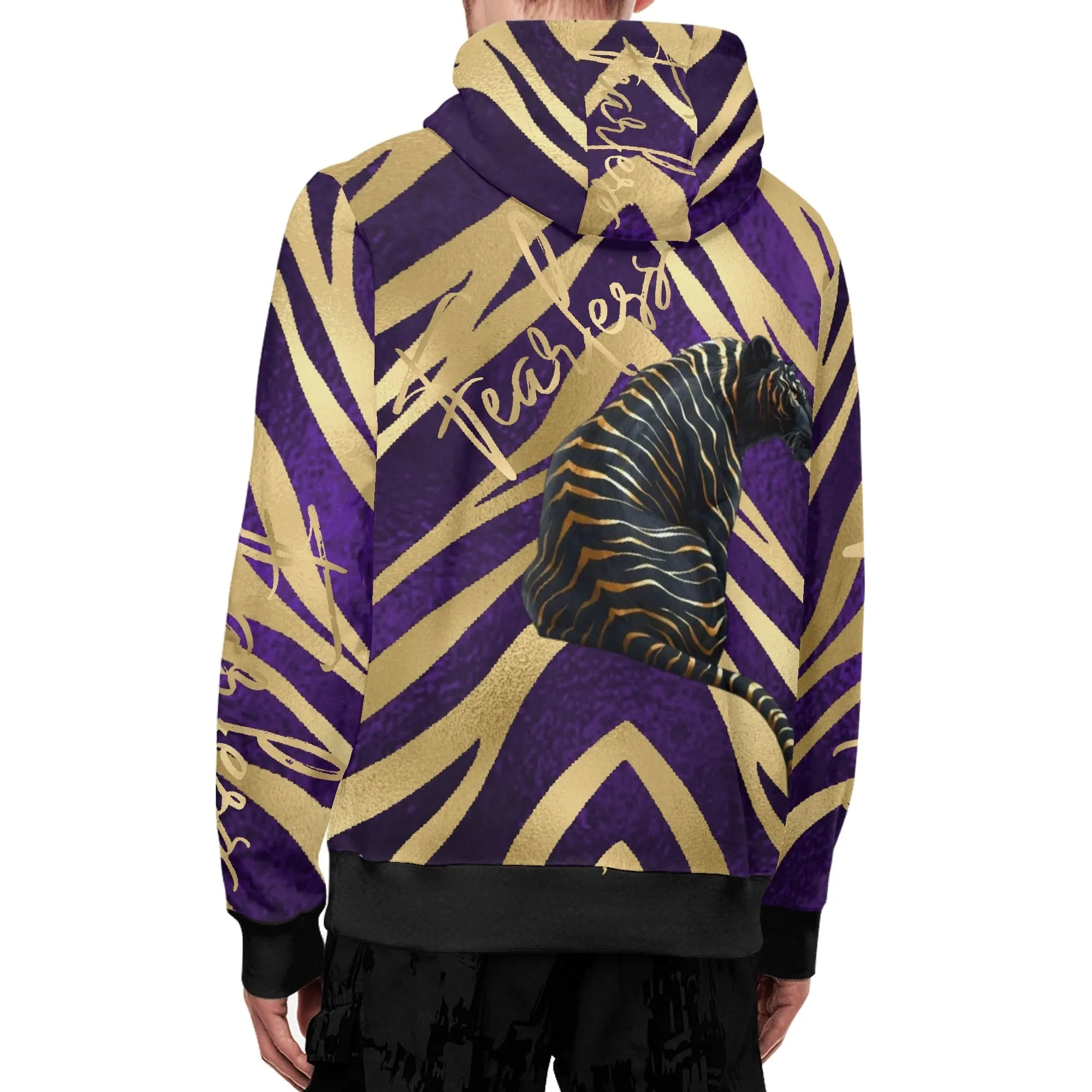 Black and Gold Tiger Graphic Gemstone Colored Fearless Graphic Full Zip Turtleneck Hoodie Streetwear