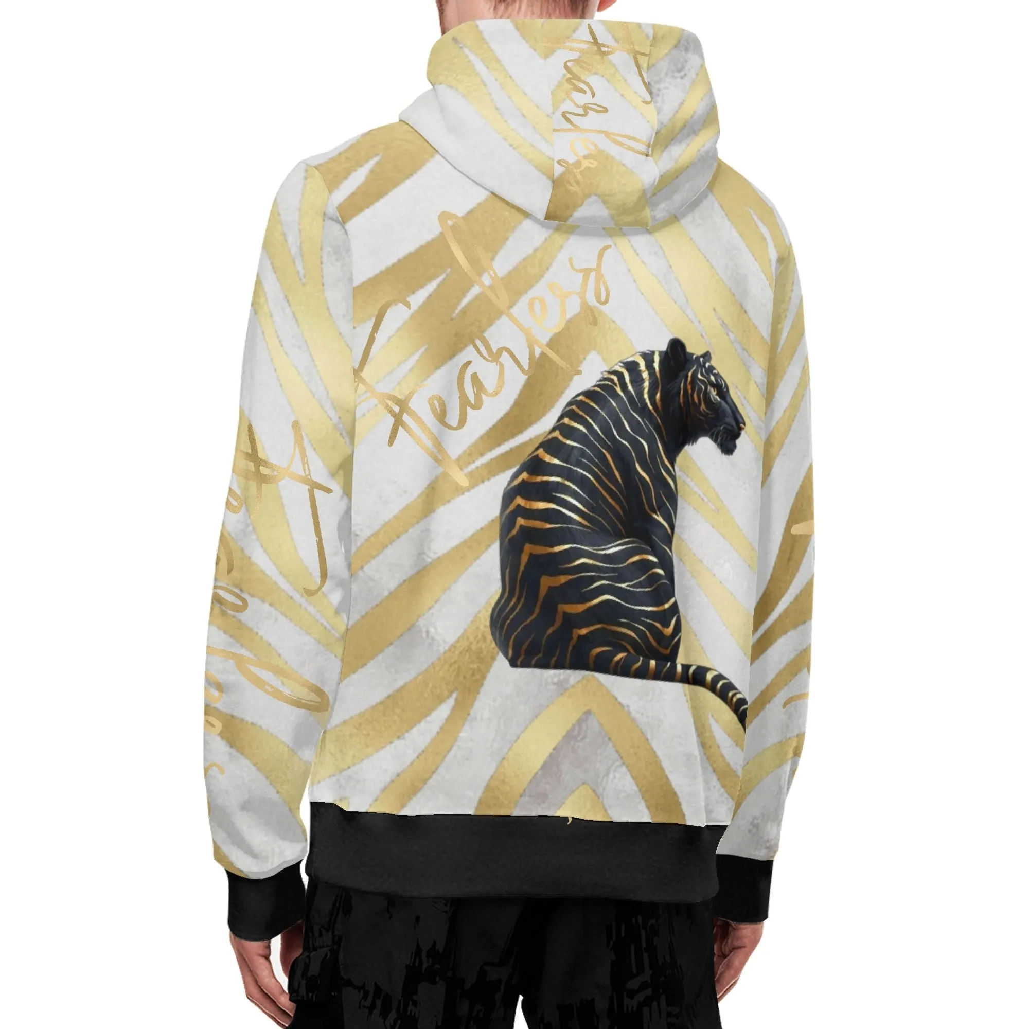Black and Gold Tiger Graphic Gemstone Colored Fearless Graphic Full Zip Turtleneck Hoodie Streetwear