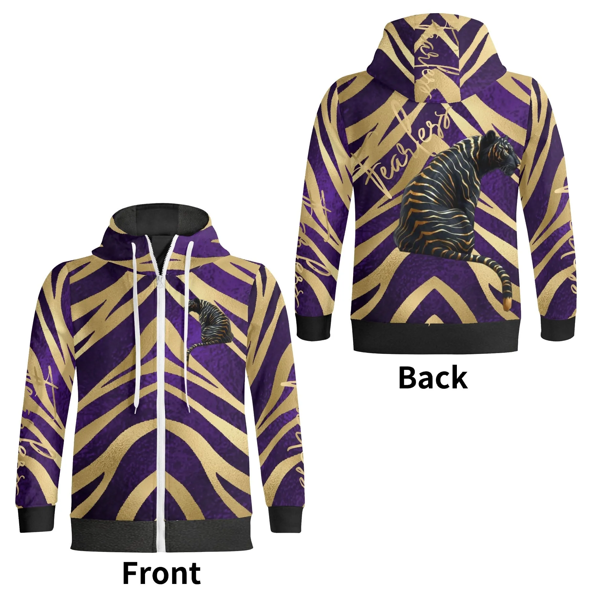 Black and Gold Tiger Graphic Gemstone Colored Fearless Graphic Full Zip Turtleneck Hoodie Streetwear