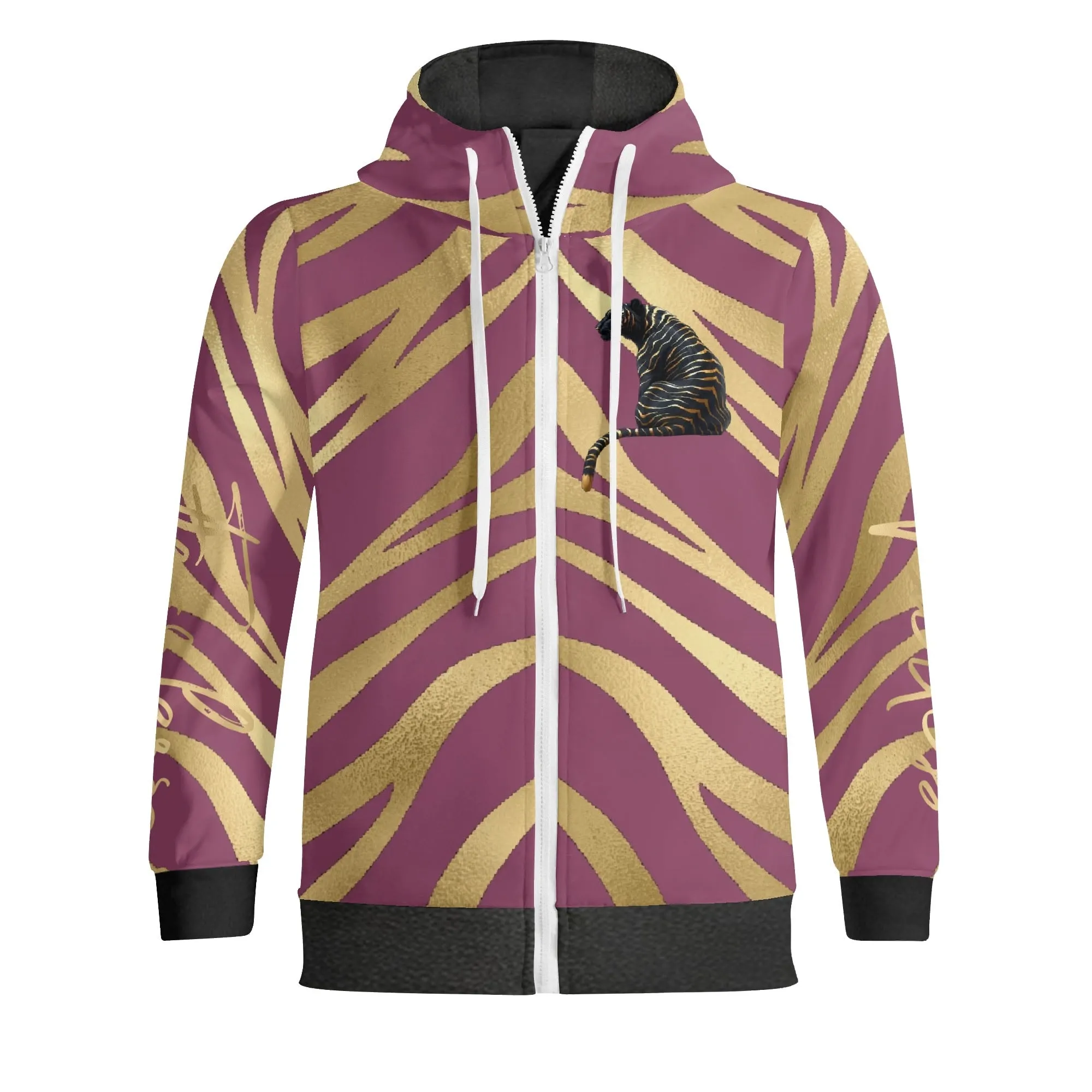 Black and Gold Tiger Graphic Gemstone Colored Fearless Graphic Full Zip Turtleneck Hoodie Streetwear