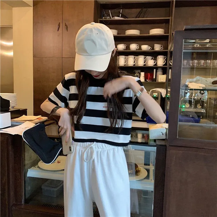 Black and White Striped Cropped Shirts