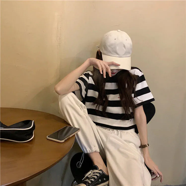 Black and White Striped Cropped Shirts