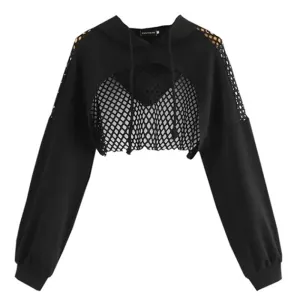 Black Hoodies for Women 2020 Hollow Out Crop Tops Mesh Patchwork Short Sweatshirt Long Sleeve Autumn Tops and Pullovers