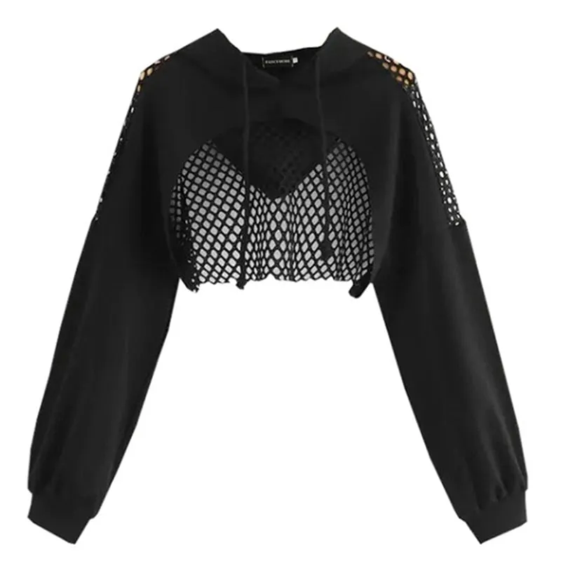 Black Hoodies for Women 2020 Hollow Out Crop Tops Mesh Patchwork Short Sweatshirt Long Sleeve Autumn Tops and Pullovers