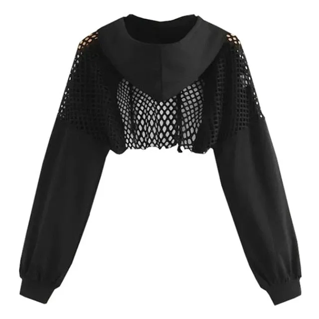 Black Hoodies for Women 2020 Hollow Out Crop Tops Mesh Patchwork Short Sweatshirt Long Sleeve Autumn Tops and Pullovers