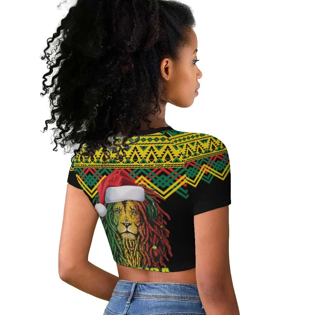 Black Jamaican Christmas Raglan Cropped T shirt Reggae Lion With Kente Pattern LT18