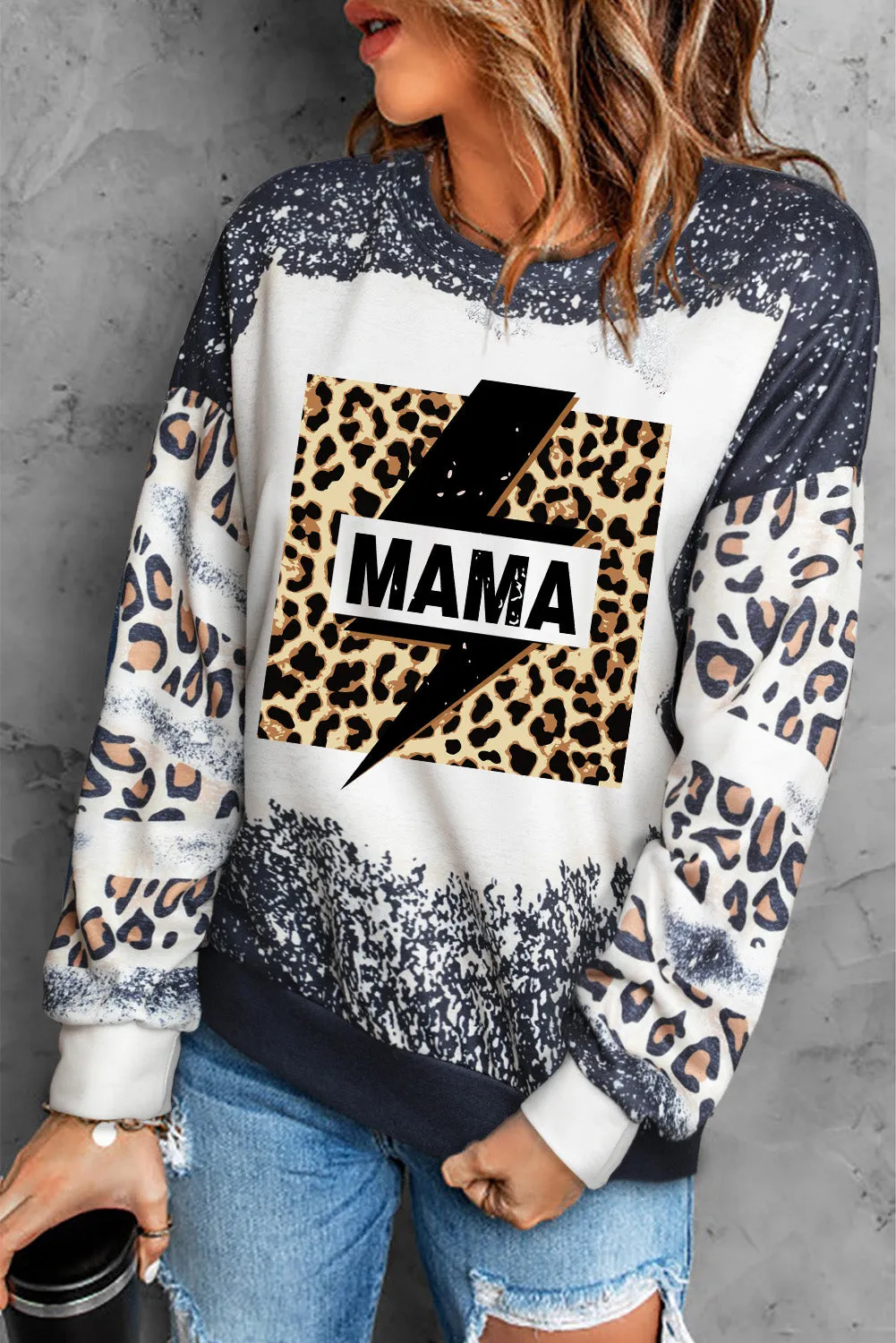 Black Lightning MAMA Graphic Leopard Bleached Sweatshirt