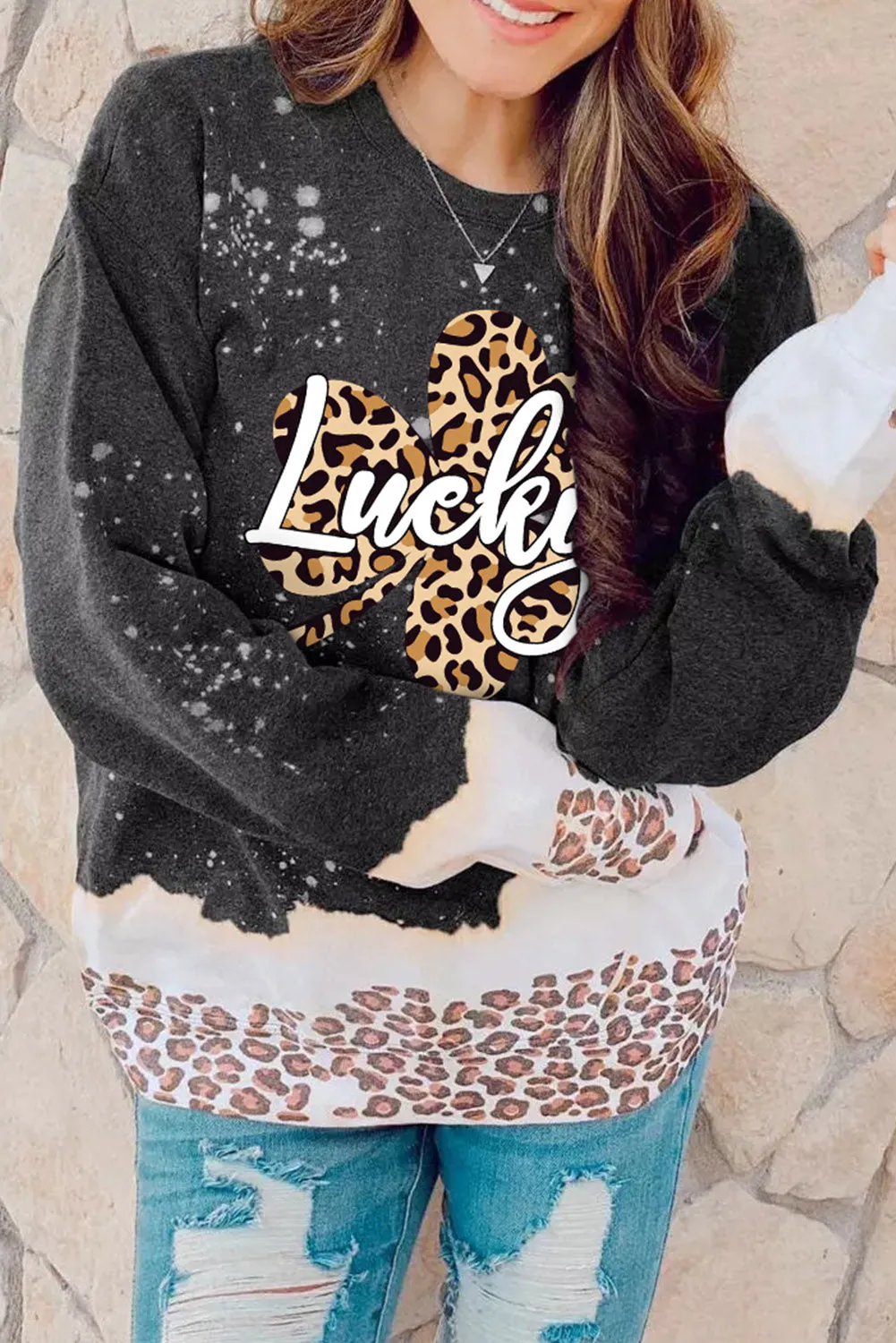 Black Lucky Clover Leopard Bleached Graphic Sweatshirt
