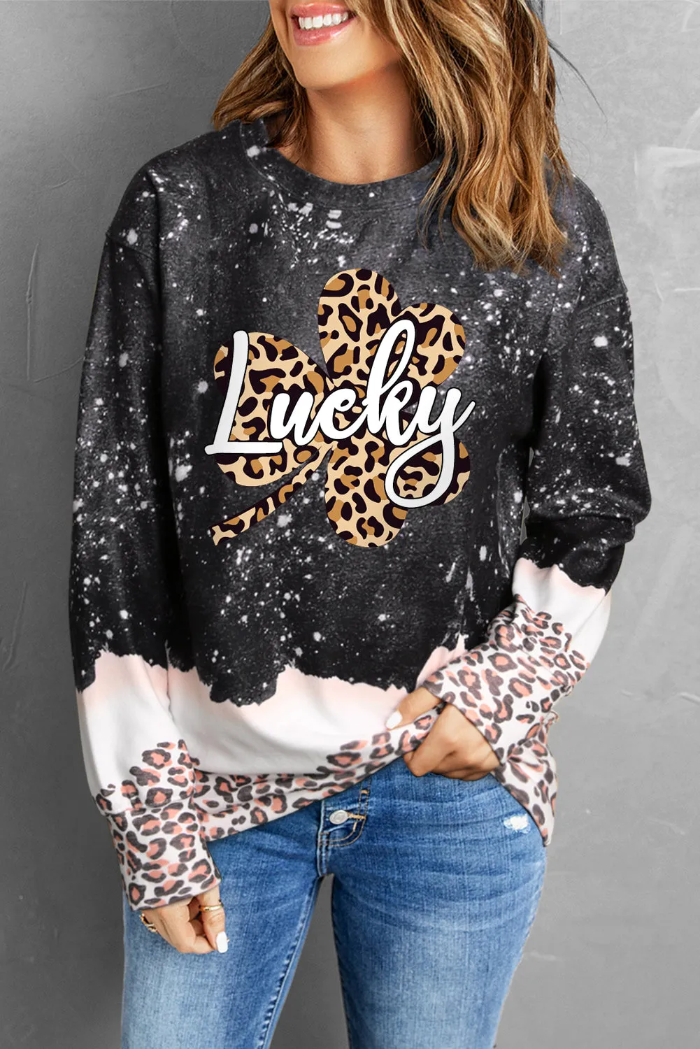 Black Lucky Clover Leopard Bleached Graphic Sweatshirt
