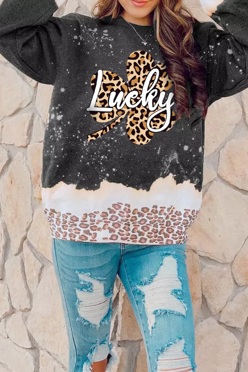 Black Lucky Clover Leopard Bleached Graphic Sweatshirt