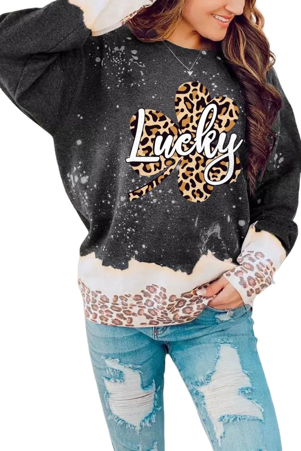 Black Lucky Clover Leopard Bleached Graphic Sweatshirt
