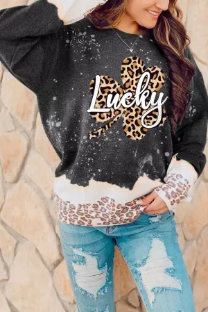Black Lucky Clover Leopard Bleached Graphic Sweatshirt