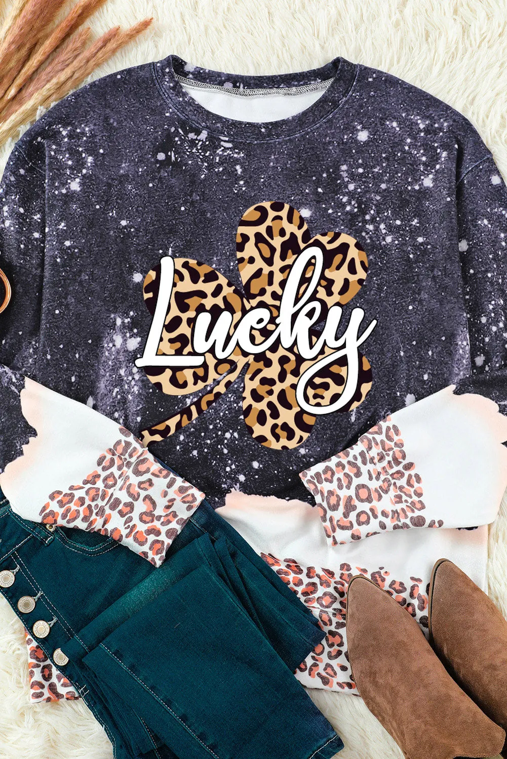 Black Lucky Clover Leopard Bleached Graphic Sweatshirt