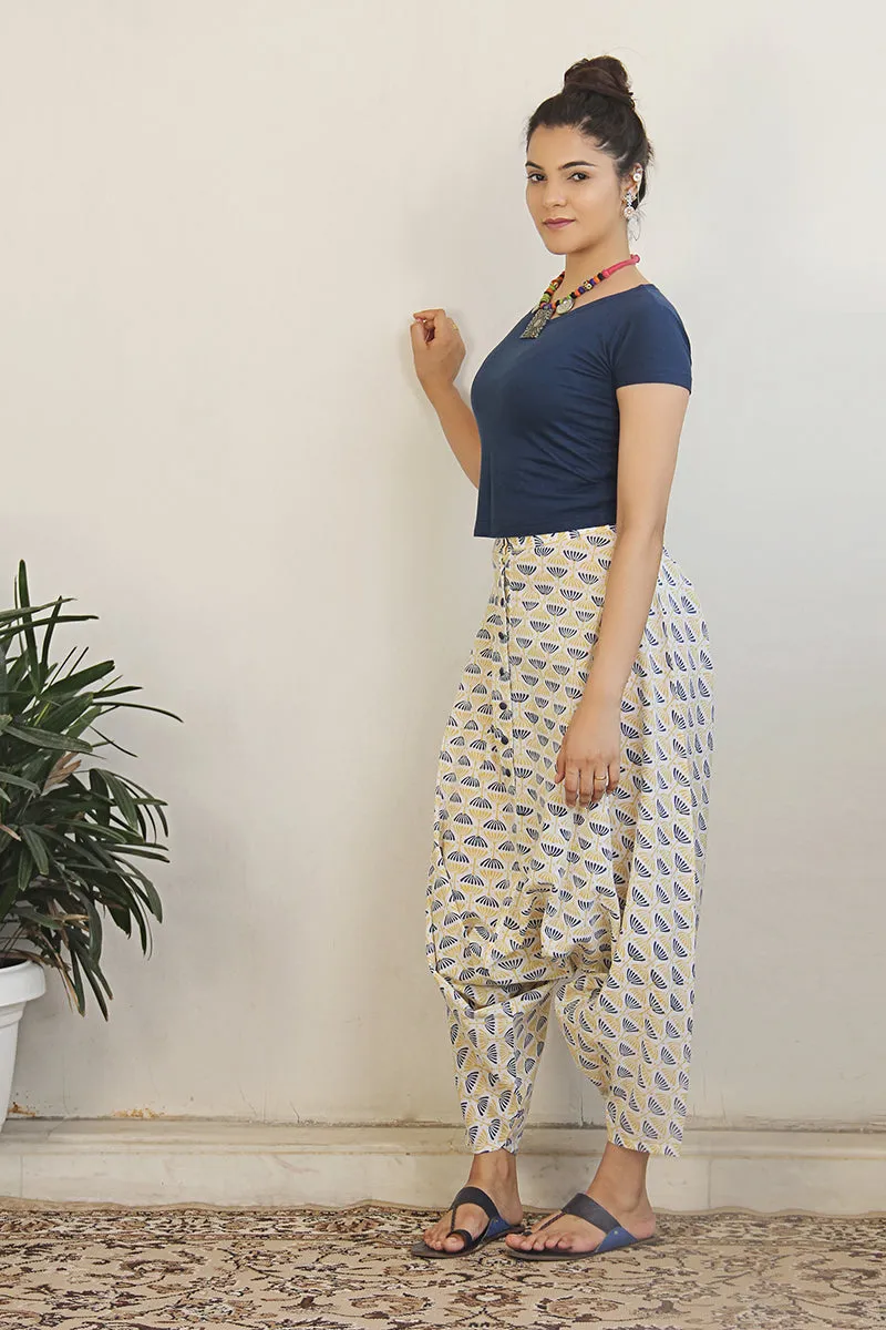 Block printed cotton harem pants in off-white