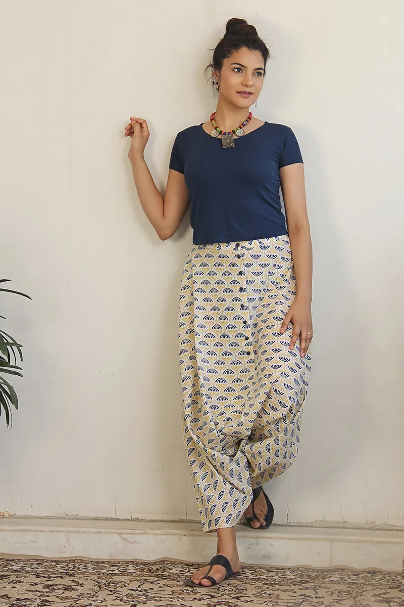Block printed cotton harem pants in off-white