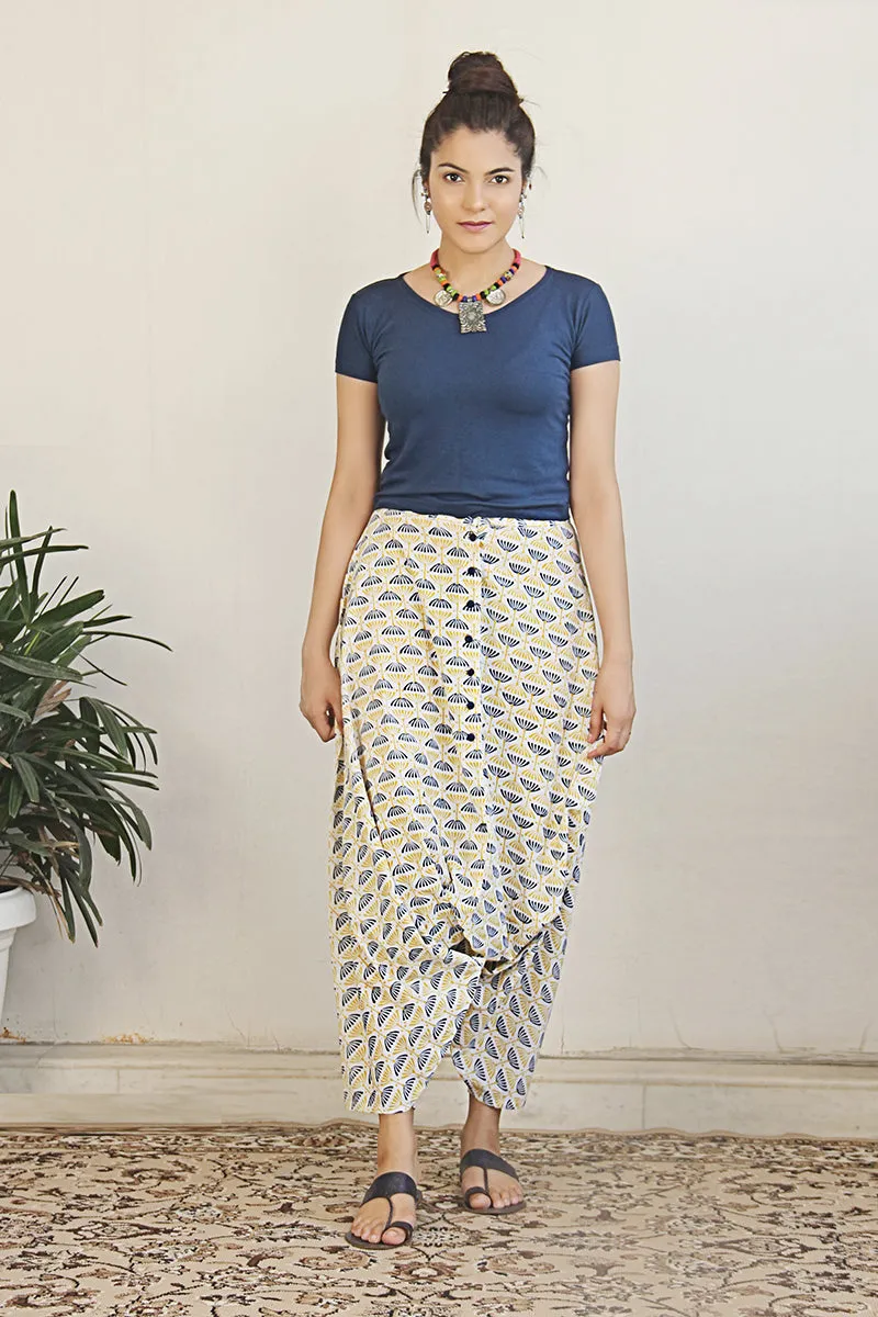 Block printed cotton harem pants in off-white