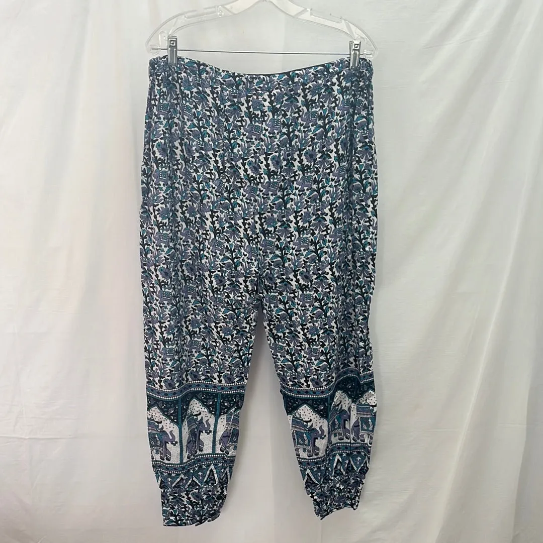 Blue and Gray Arabesque Elephant Print Harem Pants -- L