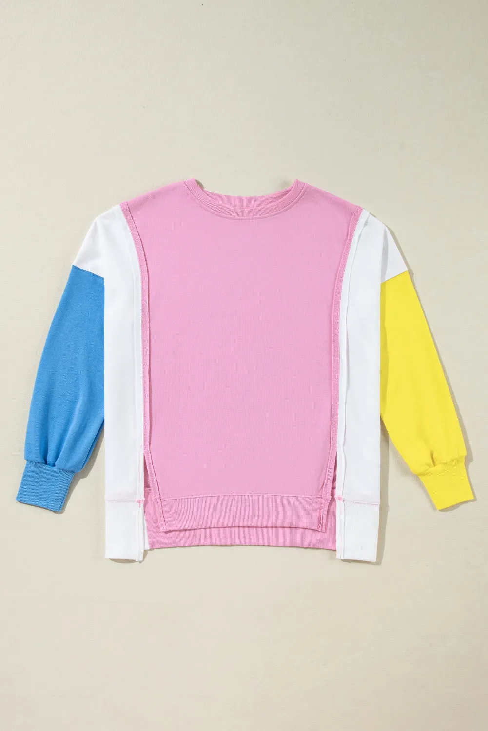 Bonbon Color Block Exposed Seam Side Slits Crewneck Sweatshirt