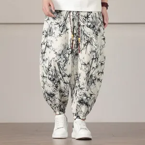 Buddha Stones Bamboo Leaf Pattern Drawstring Men's Harem Pants With Pockets