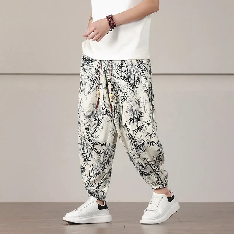 Buddha Stones Bamboo Leaf Pattern Drawstring Men's Harem Pants With Pockets