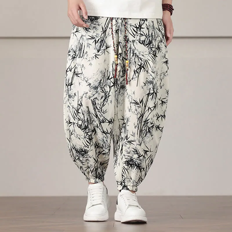 Buddha Stones Bamboo Leaf Pattern Drawstring Men's Harem Pants With Pockets