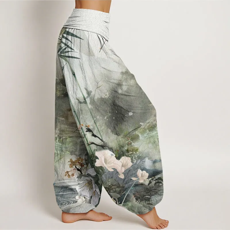Buddha Stones Bamboo Tree Pavilion Flower Pattern Women's Elastic Waist Harem Pants