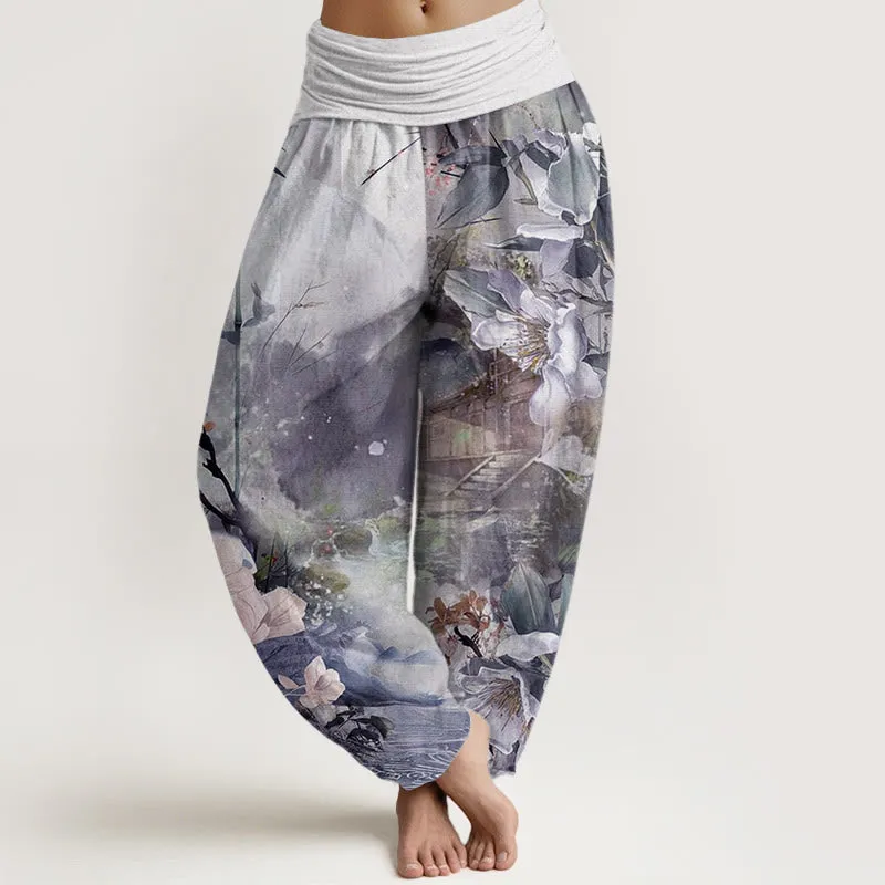 Buddha Stones Bamboo Tree Pavilion Flower Pattern Women's Elastic Waist Harem Pants
