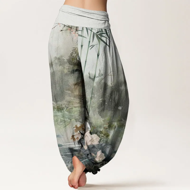 Buddha Stones Bamboo Tree Pavilion Flower Pattern Women's Elastic Waist Harem Pants