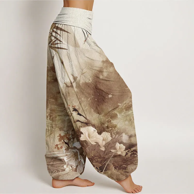 Buddha Stones Bamboo Tree Pavilion Flower Pattern Women's Elastic Waist Harem Pants