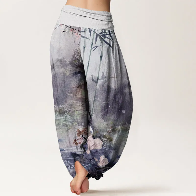 Buddha Stones Bamboo Tree Pavilion Flower Pattern Women's Elastic Waist Harem Pants